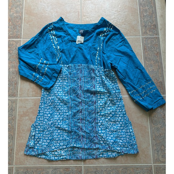 Uniti Casual Tops - Uniti Casuals Tunic Top Sequined Long Sleeve Patterned Blue XL New w/defects